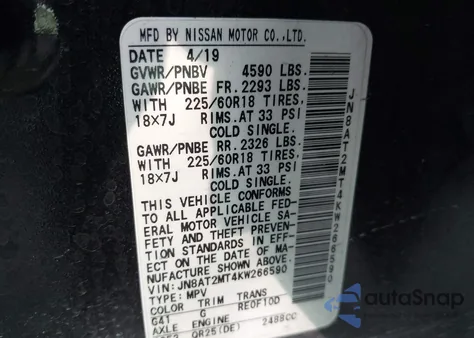 2019 Nissan Rogue Sv from USA, damaged, VIN JN8AT2MT4KW266590
